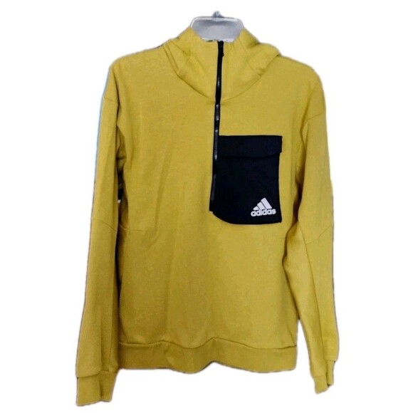 Adidas Men’s Pullover Hoodie Medium Yellow Black Pocket Funnel Neck IH5695 - Picture 1 of 9